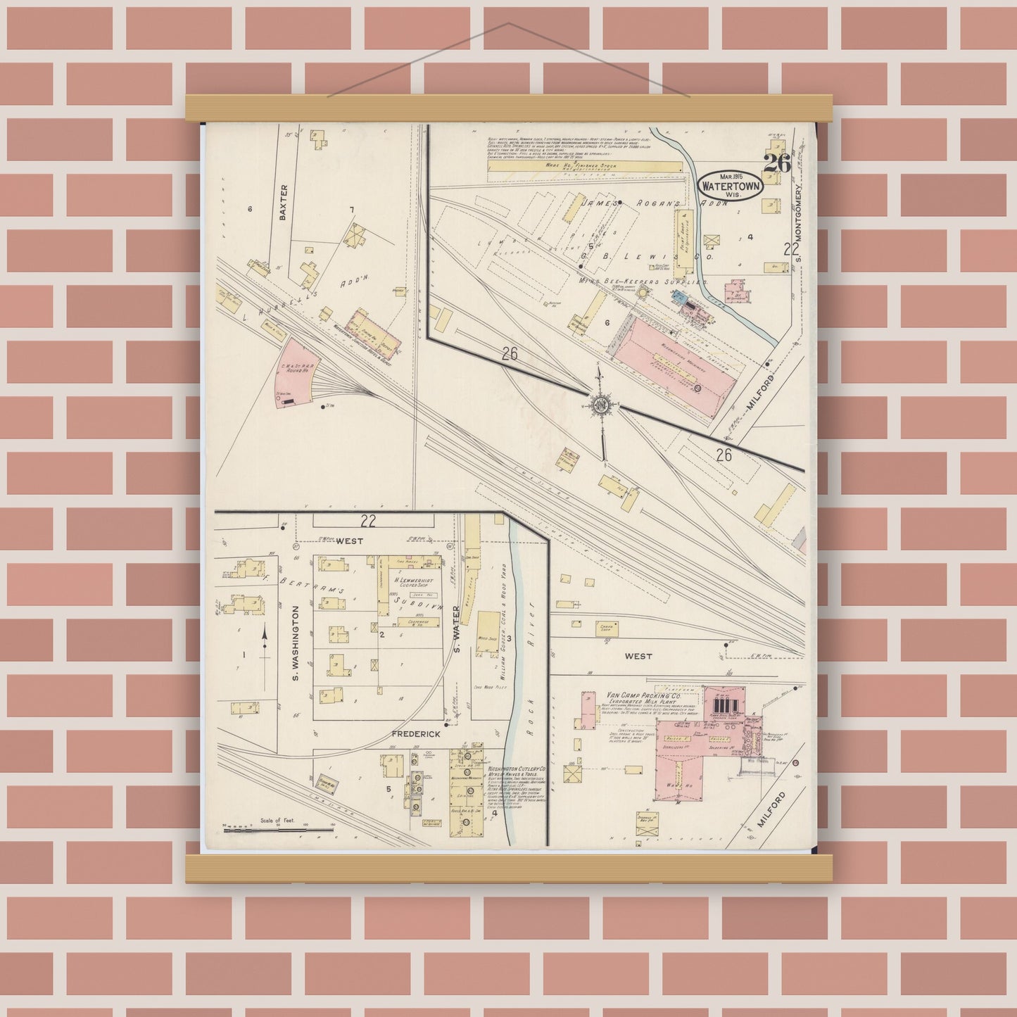 Old map wall art mockup — magnetic wood frame on brick wall — Sanborn Fire Insurance Map from Watertown, Jefferson County, Wisconsin (1915), Sheet #0027