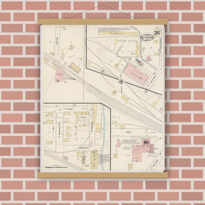 Old map wall art mockup — magnetic wood frame on brick wall — Sanborn Fire Insurance Map from Watertown, Jefferson County, Wisconsin (1915), Sheet #0027