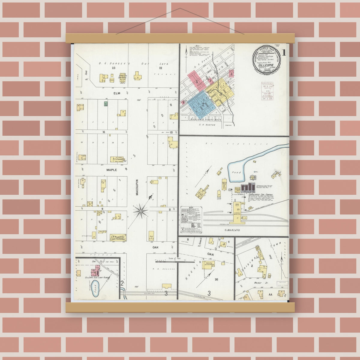 Old map wall art mockup — magnetic wood frame on brick wall — Sanborn Fire Insurance Map from Gillespie, Macoupin County, Illinois (1899) - Complete Map Set