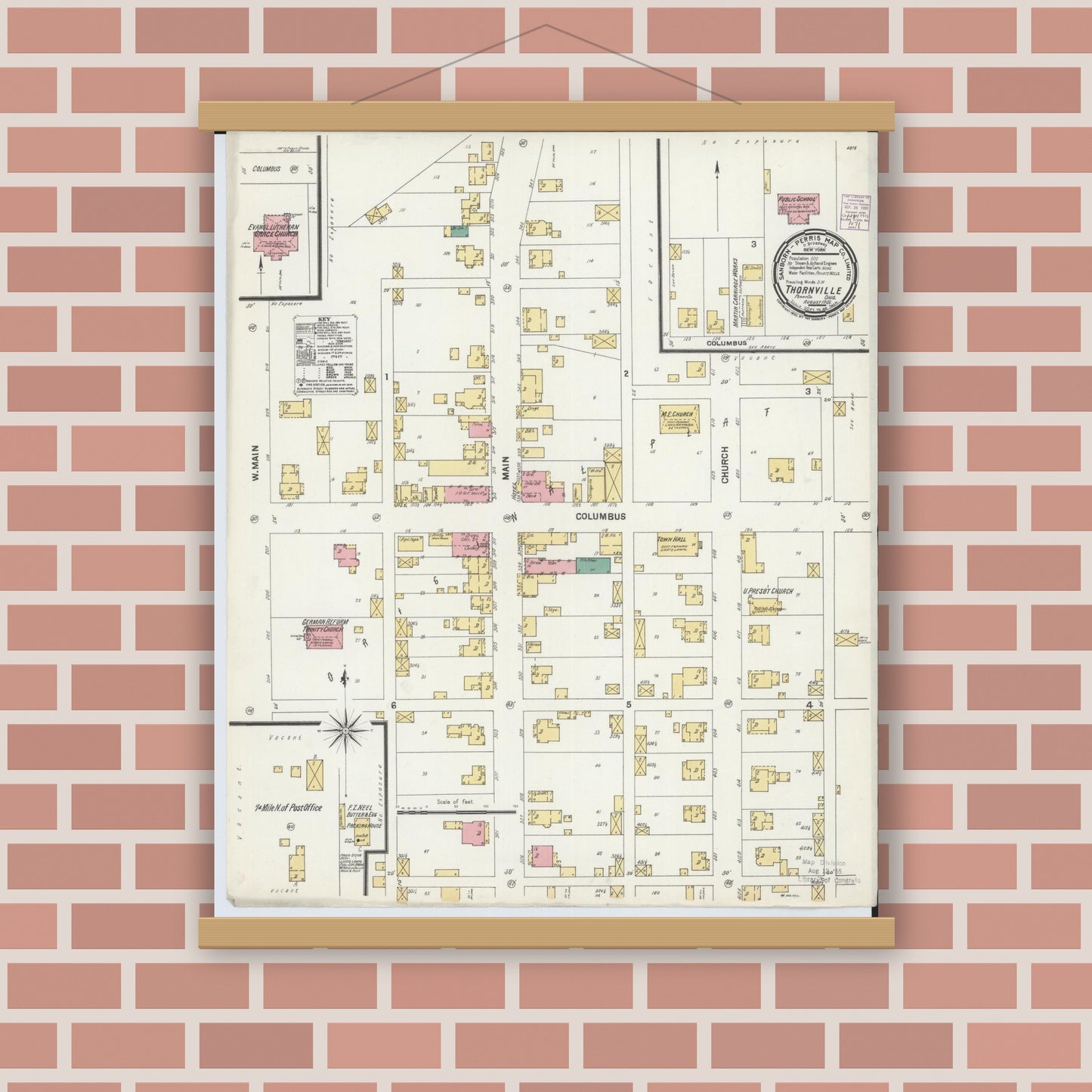 Old map wall art mockup — magnetic wood frame on brick wall — Sanborn Fire Insurance Map from Thornville, Perry County, Ohio (1901), Sheet #0001