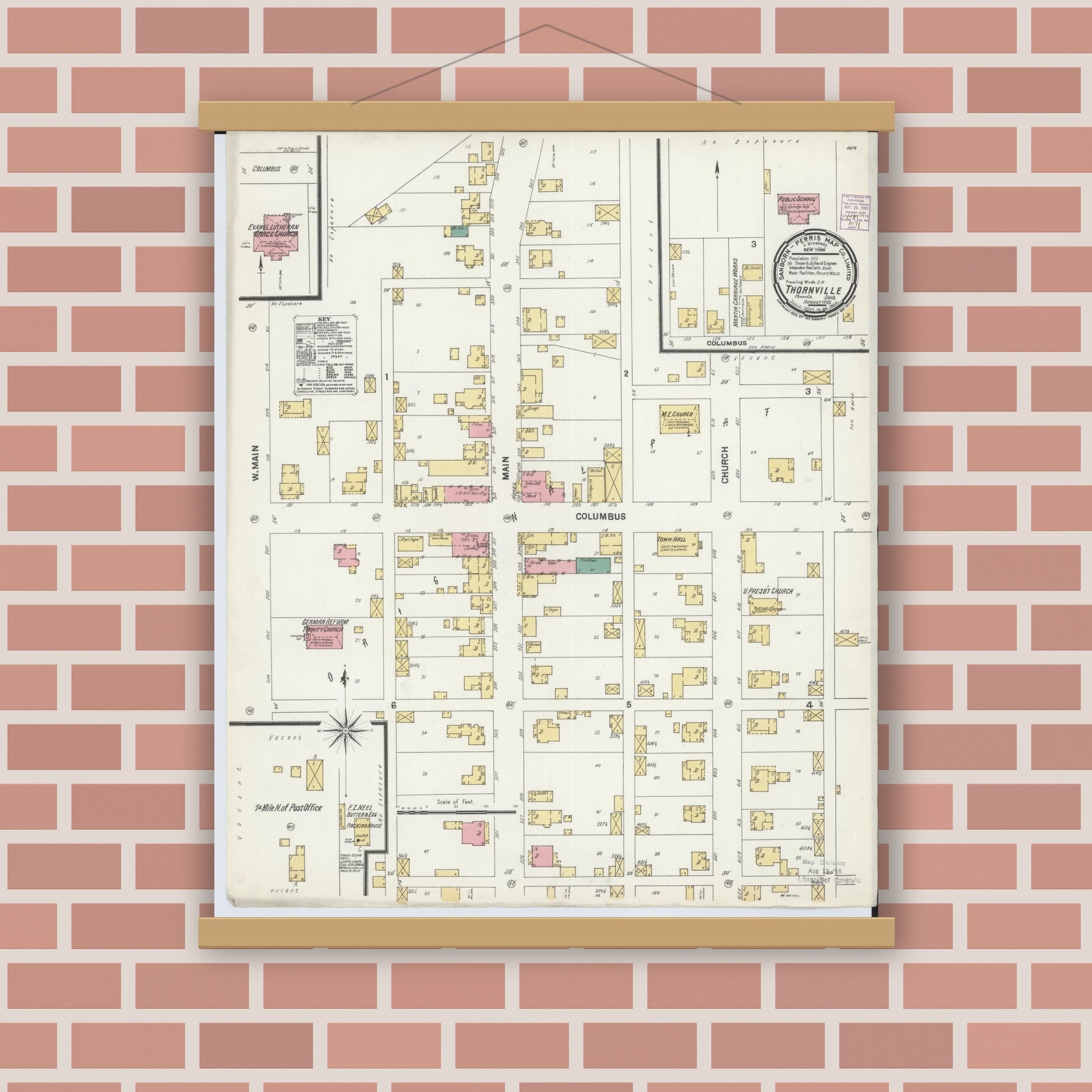 Old map wall art mockup — magnetic wood frame on brick wall — Sanborn Fire Insurance Map from Thornville, Perry County, Ohio (1901), Sheet #0001