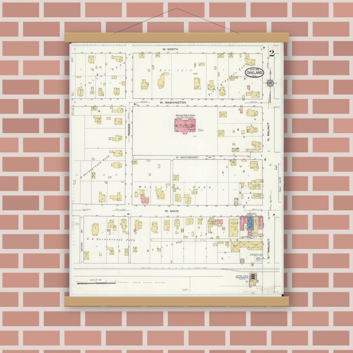 Old map wall art mockup — magnetic wood frame on brick wall — Sanborn Fire Insurance Map from Oakland, Coles County, Illinois (1916), Sheet #0002
