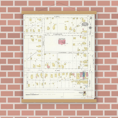 Old map wall art mockup — magnetic wood frame on brick wall — Sanborn Fire Insurance Map from Oakland, Coles County, Illinois (1916), Sheet #0002