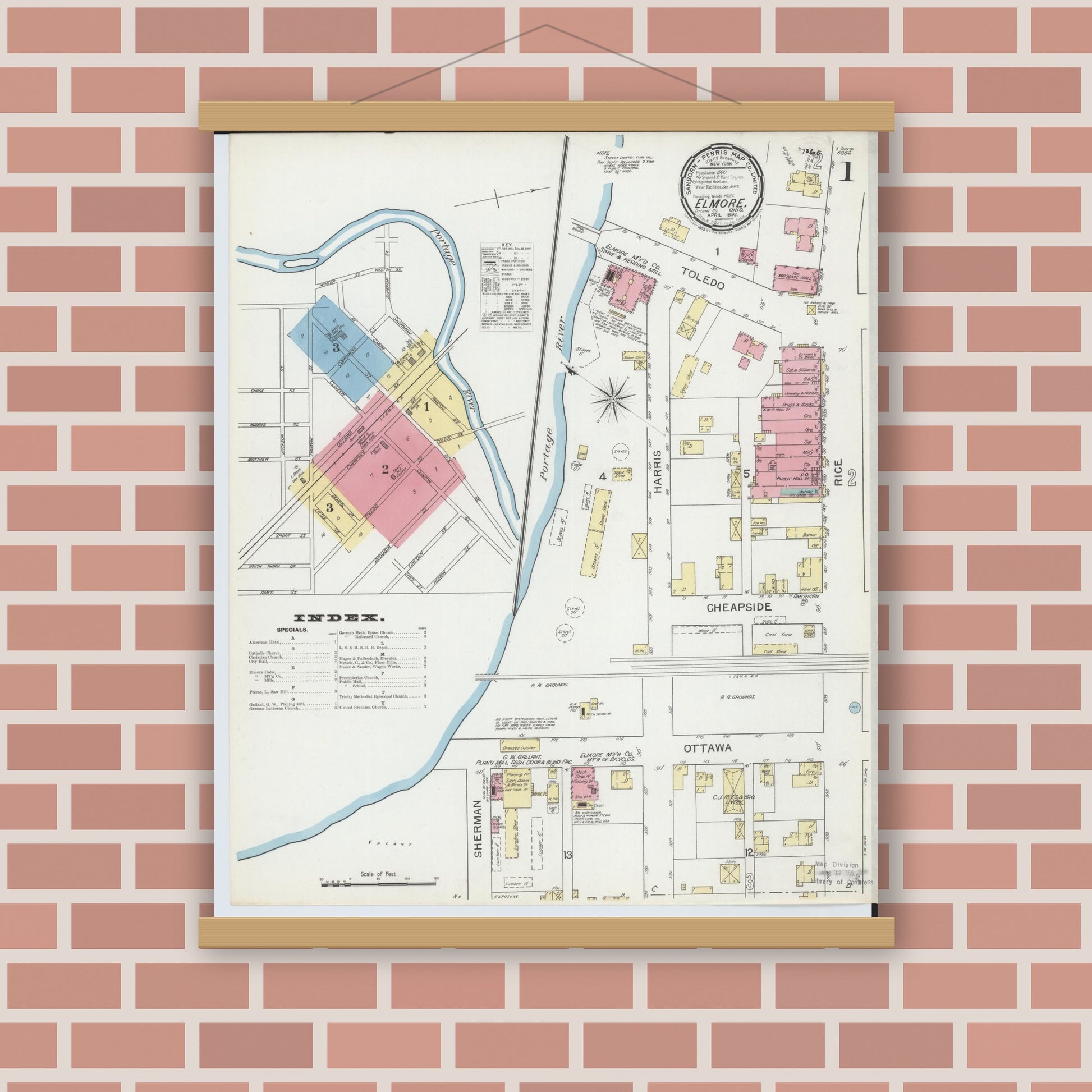 Old map wall art mockup — magnetic wood frame on brick wall — Sanborn Fire Insurance Map from Elmore, Ottawa County, Ohio (1893) - Complete Map Set