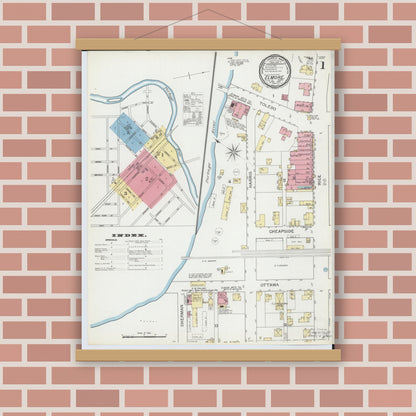 Old map wall art mockup — magnetic wood frame on brick wall — Sanborn Fire Insurance Map from Elmore, Ottawa County, Ohio (1893) - Complete Map Set
