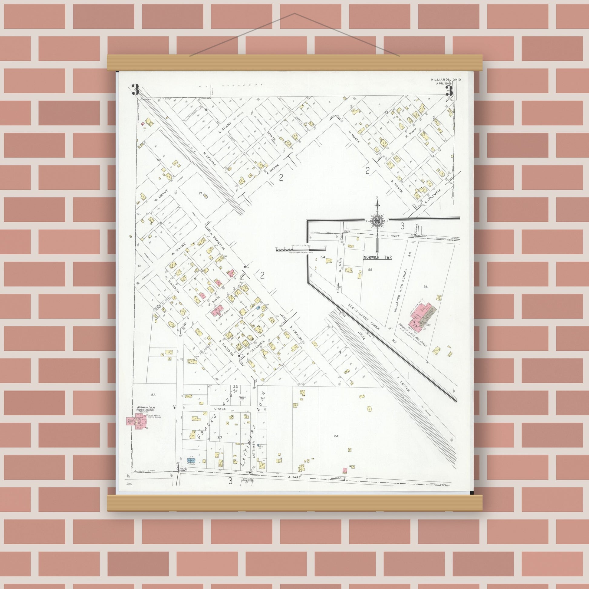 Old map wall art mockup — magnetic wood frame on brick wall — Sanborn Fire Insurance Map from Hilliards, Franklin County, Ohio (1946), Sheet #0003