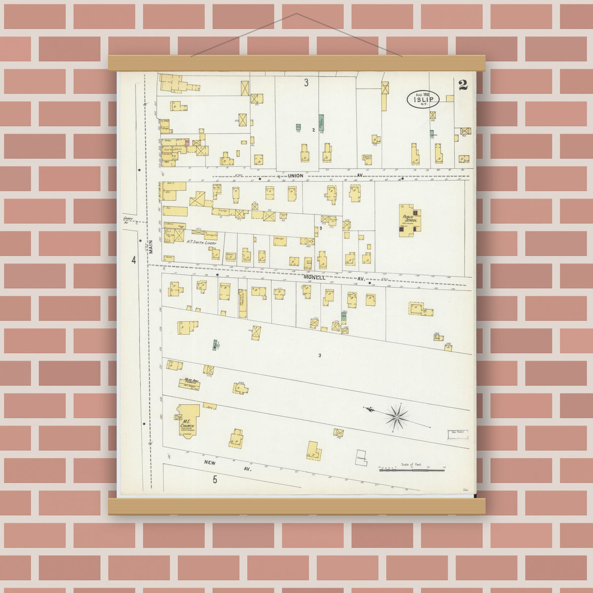 Old map wall art mockup — magnetic wood frame on brick wall — Sanborn Fire Insurance Map from Islip, Suffolk County, New York (1902), Sheet #0002