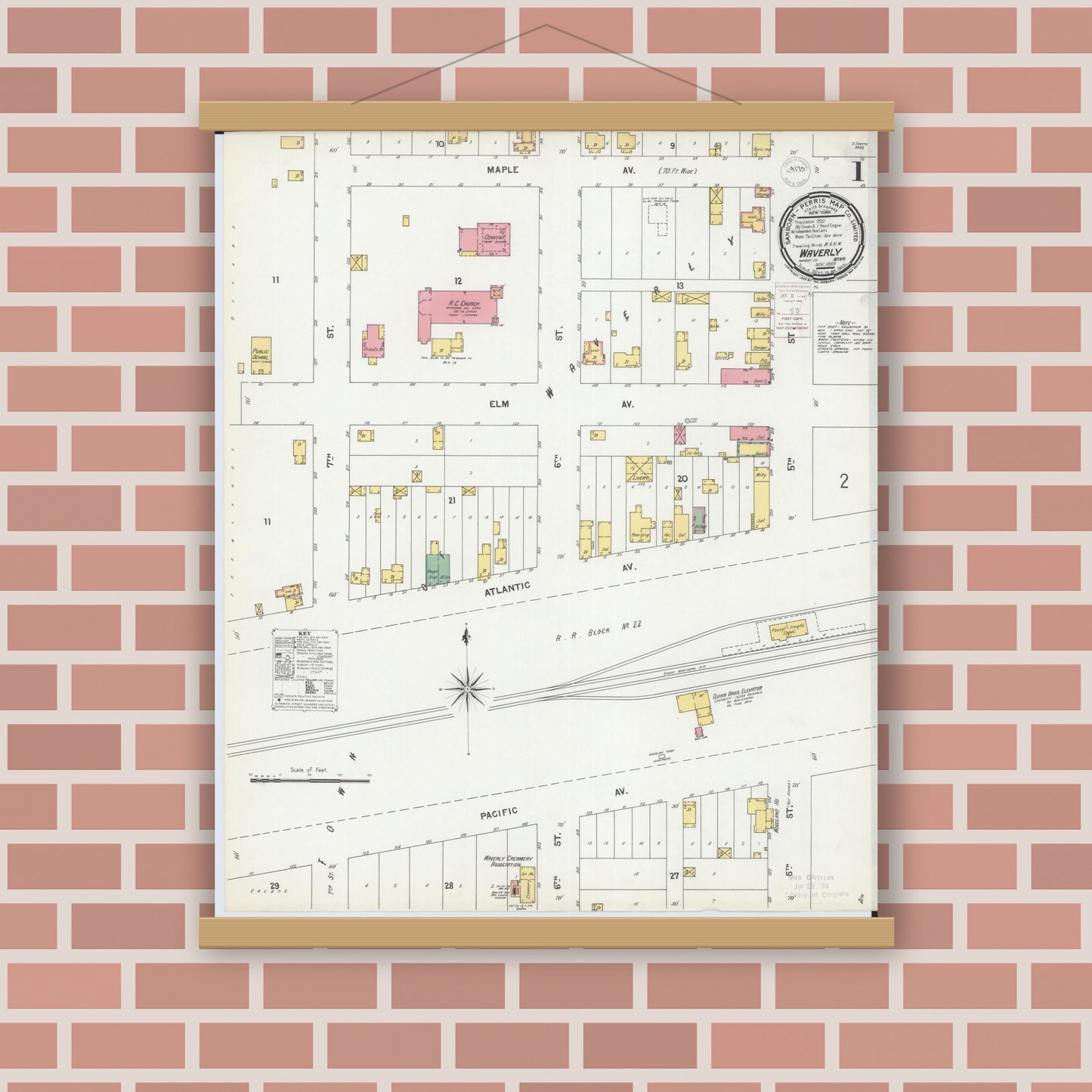 Old map wall art mockup — magnetic wood frame on brick wall — Sanborn Fire Insurance Map from Waverly, Wright County, Minnesota (1899) - Complete Map Set