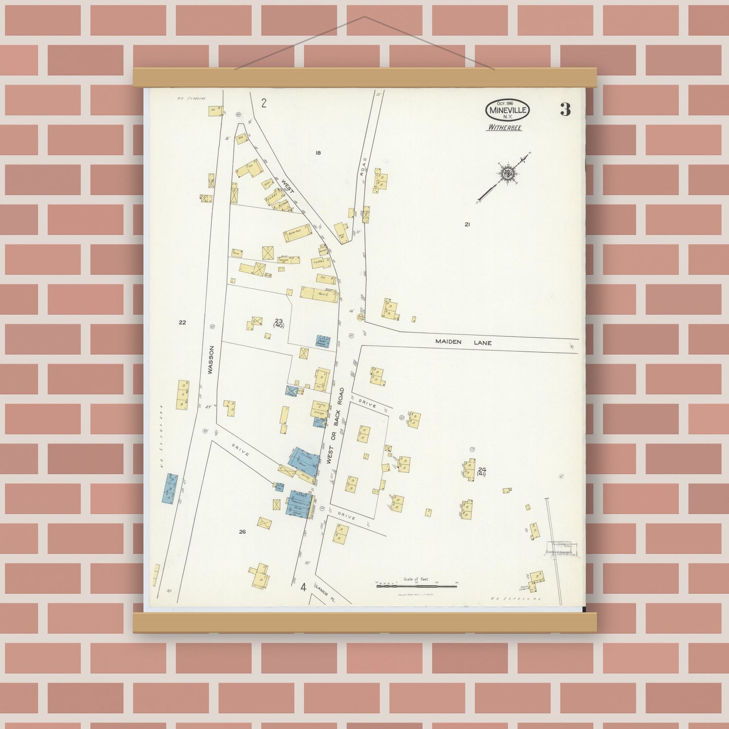 Old map wall art mockup — magnetic wood frame on brick wall — Sanborn Fire Insurance Map from Mineville, Essex County, New York (1916), Sheet #0003