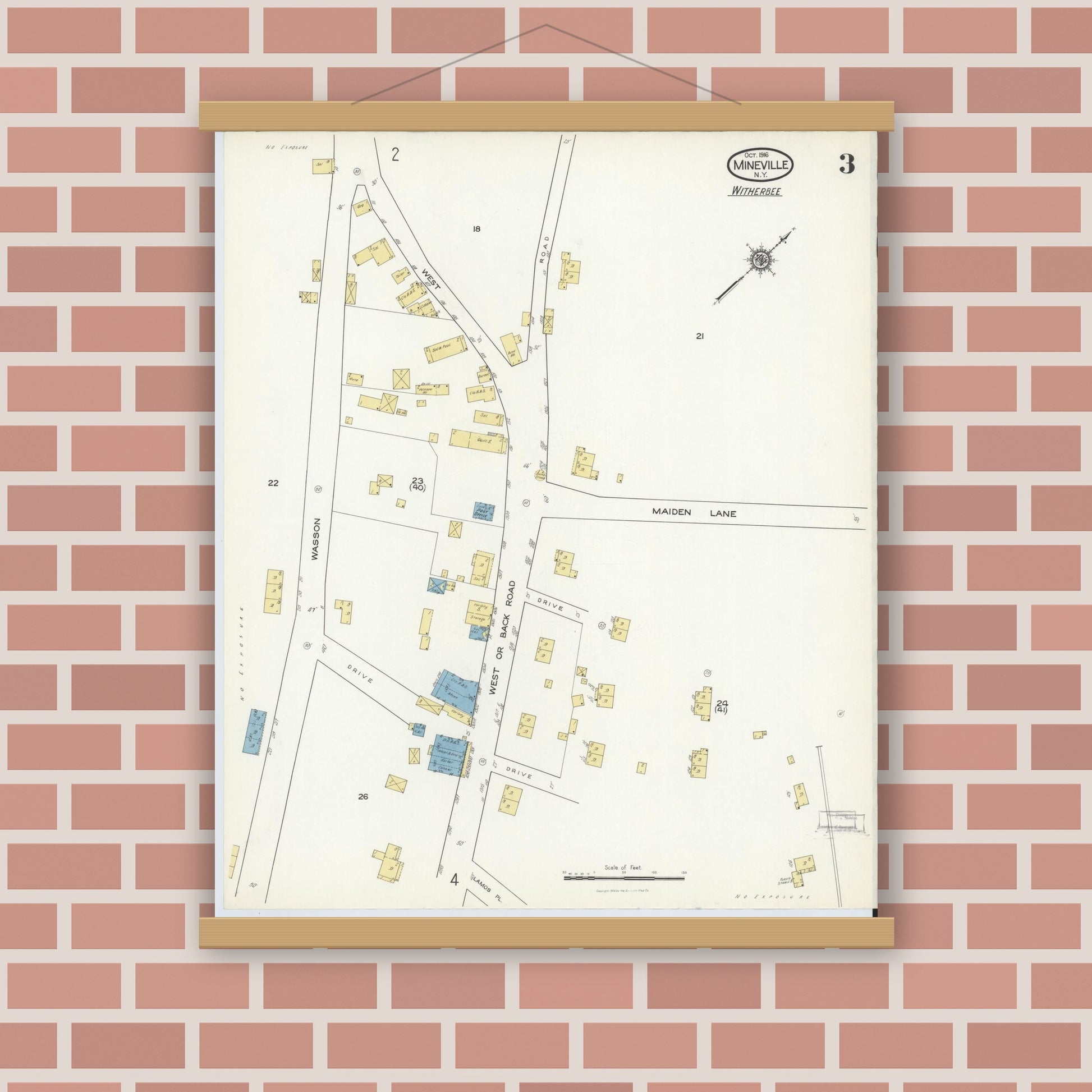 Old map wall art mockup — magnetic wood frame on brick wall — Sanborn Fire Insurance Map from Mineville, Essex County, New York (1916), Sheet #0003