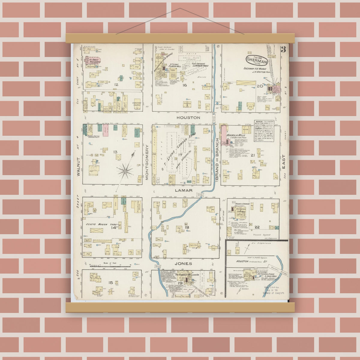 Old map wall art mockup — magnetic wood frame on brick wall — Sanborn Fire Insurance Map from Sherman, Grayson County, Texas (1885), Sheet #0003