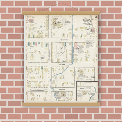 Old map wall art mockup — magnetic wood frame on brick wall — Sanborn Fire Insurance Map from Sherman, Grayson County, Texas (1885), Sheet #0003