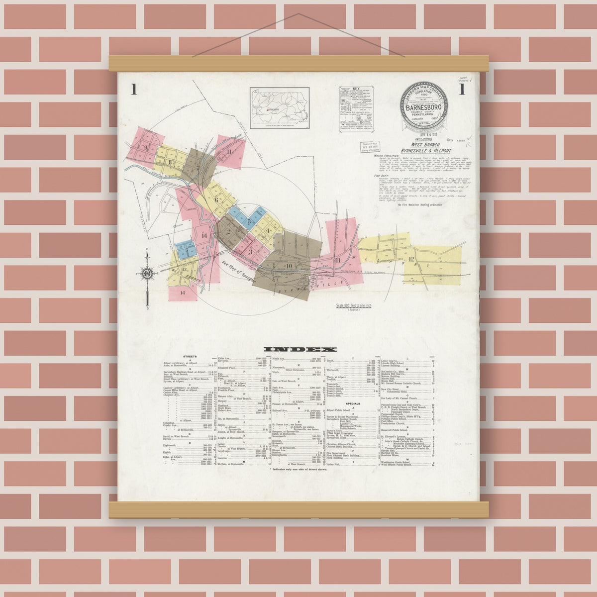 Old map wall art mockup — magnetic wood frame on brick wall — Sanborn Fire Insurance Map from Barnesboro, Cambria County, Pennsylvania (1930), Sheet #0001