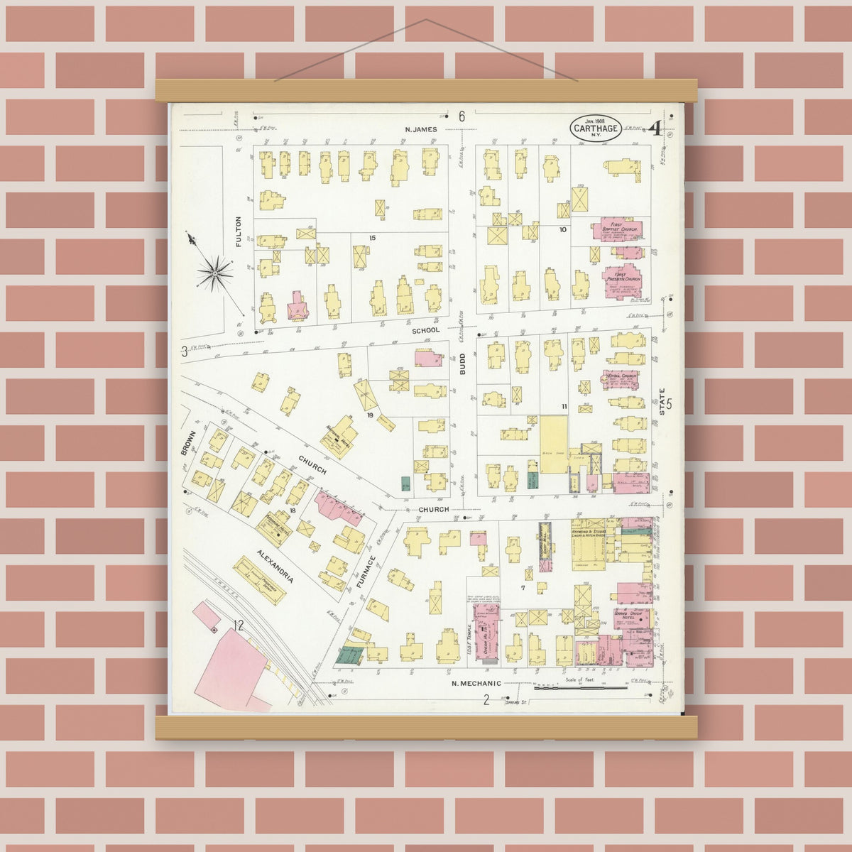 Old map wall art mockup — magnetic wood frame on brick wall — Sanborn Fire Insurance Map from Carthage, Jefferson County, New York (1908), Sheet #0004