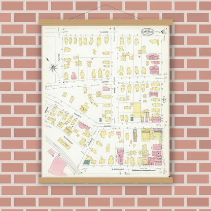 Old map wall art mockup — magnetic wood frame on brick wall — Sanborn Fire Insurance Map from Carthage, Jefferson County, New York (1908), Sheet #0004