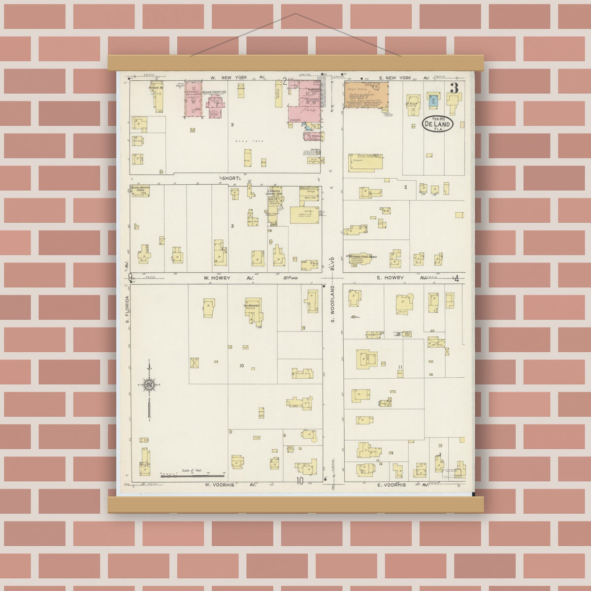 Old map wall art mockup — magnetic wood frame on brick wall — Sanborn Fire Insurance Map from De Land, Volusia County, Florida (1915), Sheet #0003