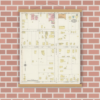 Old map wall art mockup — magnetic wood frame on brick wall — Sanborn Fire Insurance Map from De Land, Volusia County, Florida (1915), Sheet #0003