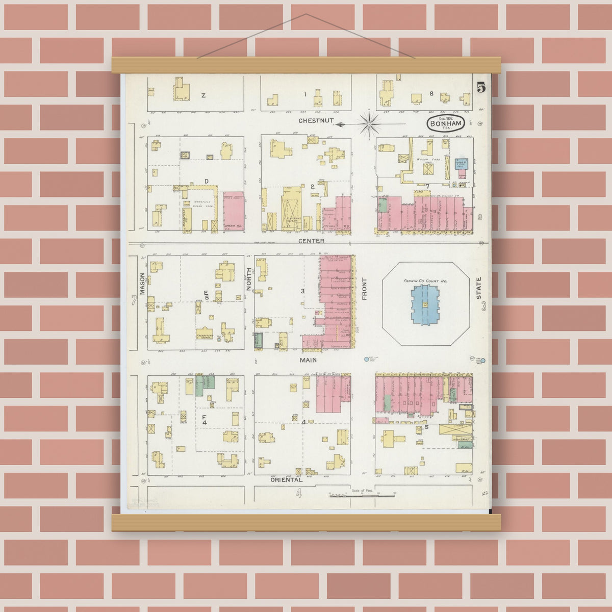 Old map wall art mockup — magnetic wood frame on brick wall — Sanborn Fire Insurance Map from Bonham, Fannin County, Texas (1892), Sheet #0005
