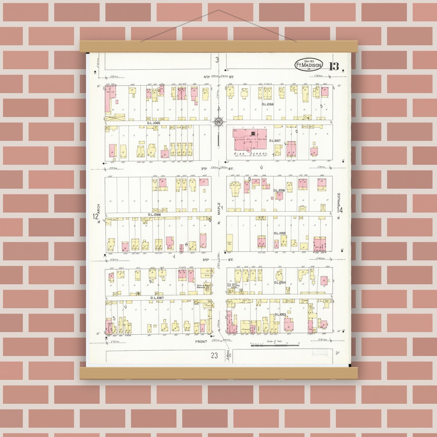 Old map wall art mockup — magnetic wood frame on brick wall — Sanborn Fire Insurance Map from Fort Madison, Lee County, Iowa (1913), Sheet #0013