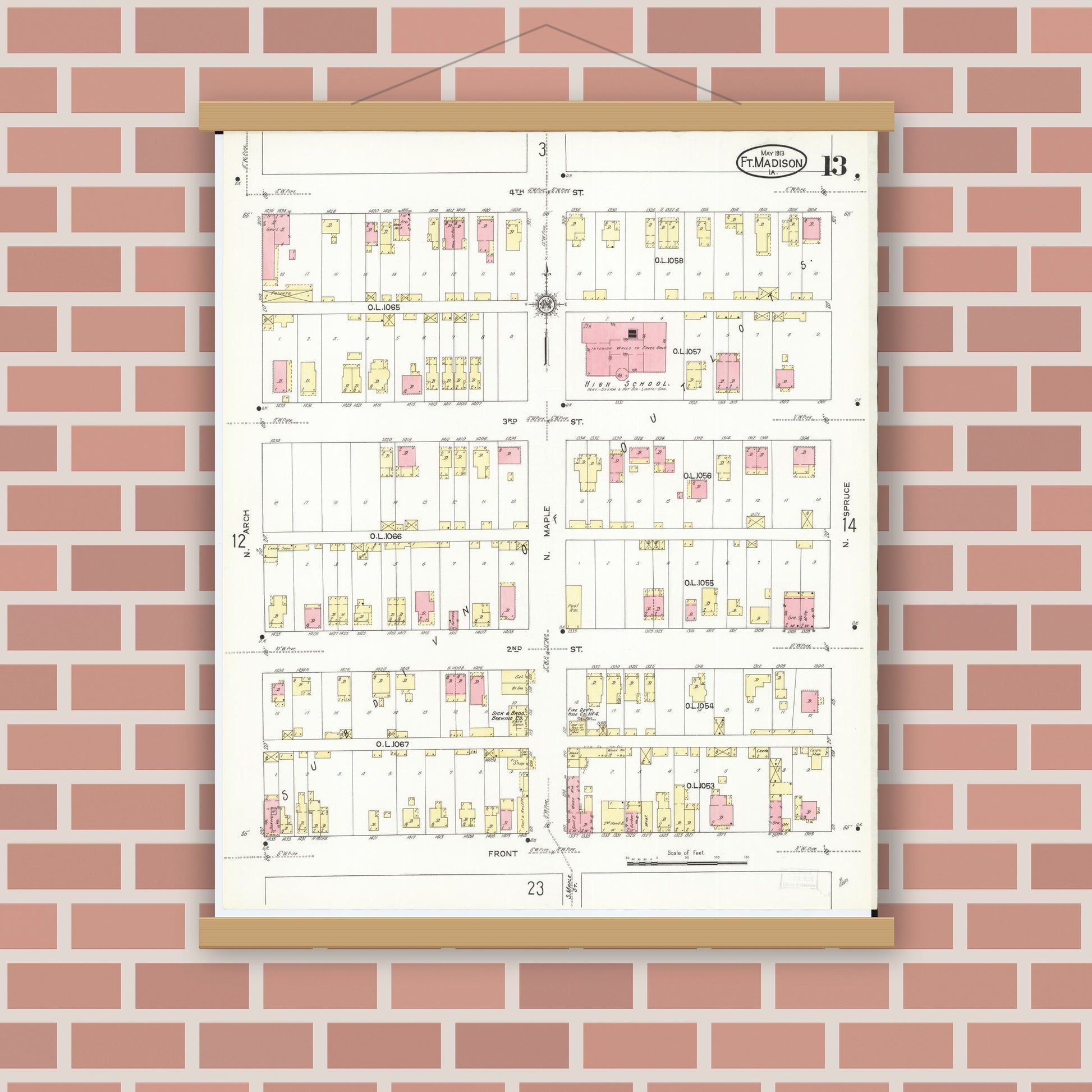 Old map wall art mockup — magnetic wood frame on brick wall — Sanborn Fire Insurance Map from Fort Madison, Lee County, Iowa (1913), Sheet #0013