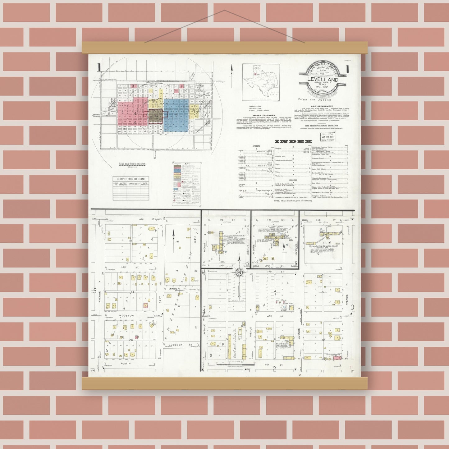 Old map wall art mockup — magnetic wood frame on brick wall — Sanborn Fire Insurance Map from Levelland, Hockley County, Texas (1933), Sheet #0001