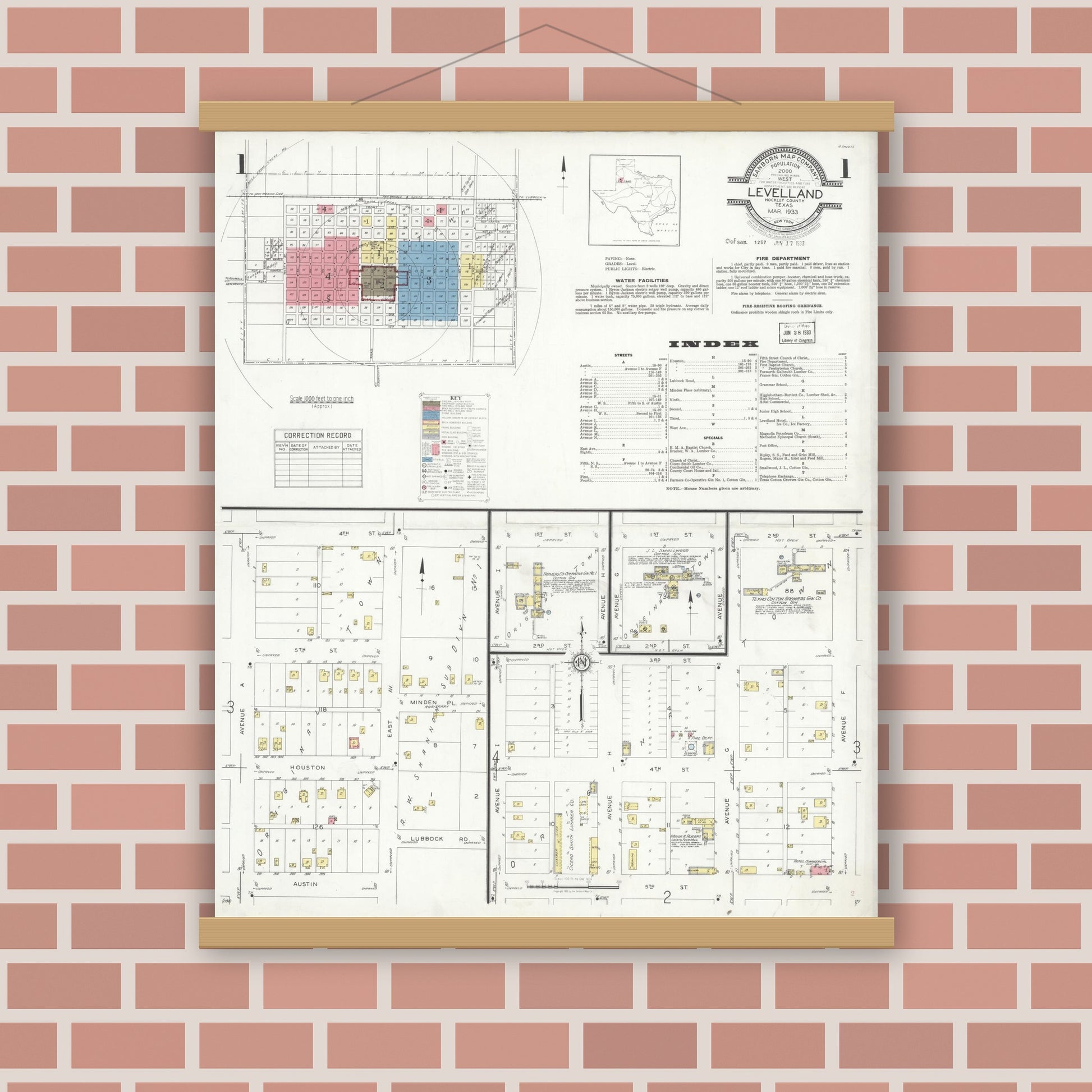 Old map wall art mockup — magnetic wood frame on brick wall — Sanborn Fire Insurance Map from Levelland, Hockley County, Texas (1933), Sheet #0001