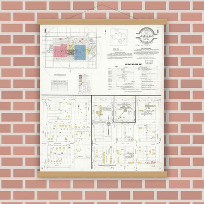 Old map wall art mockup — magnetic wood frame on brick wall — Sanborn Fire Insurance Map from Levelland, Hockley County, Texas (1933), Sheet #0001