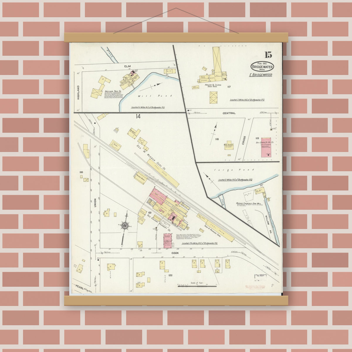 Old map wall art mockup — magnetic wood frame on brick wall — Sanborn Fire Insurance Map from Bridgewater, Plymouth County, Massachusetts (1912), Sheet #0015