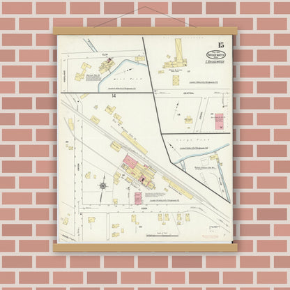 Old map wall art mockup — magnetic wood frame on brick wall — Sanborn Fire Insurance Map from Bridgewater, Plymouth County, Massachusetts (1912), Sheet #0015