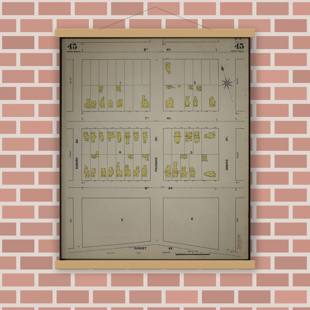 Old map wall art mockup — magnetic wood frame on brick wall — Sanborn Fire Insurance Map from New Jersey Coast, New Jersey Coast, New Jersey (1890), Sheet #0045