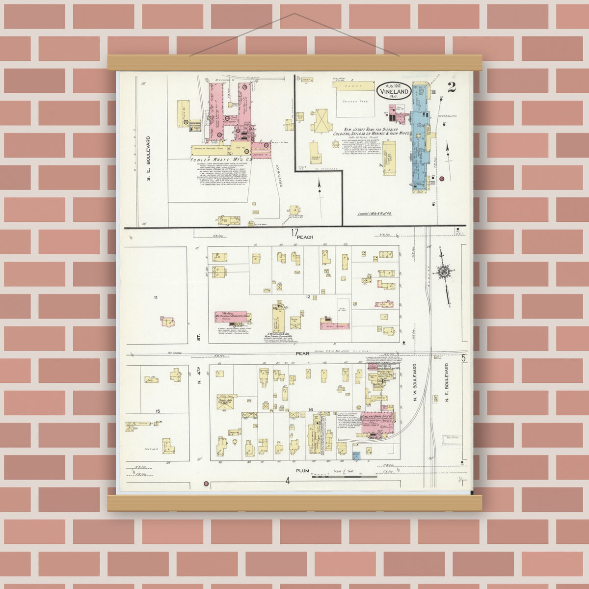 Old map wall art mockup — magnetic wood frame on brick wall — Sanborn Fire Insurance Map from Vineland, Cumberland County, New Jersey (1912) - Complete Map Set