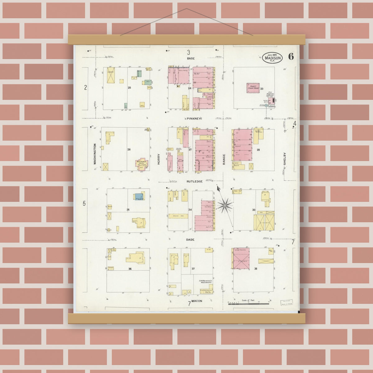 Old map wall art mockup — magnetic wood frame on brick wall — Sanborn Fire Insurance Map from Madison, Madison County, Florida (1909), Sheet #0006