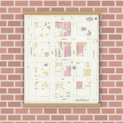 Old map wall art mockup — magnetic wood frame on brick wall — Sanborn Fire Insurance Map from Madison, Madison County, Florida (1909), Sheet #0006