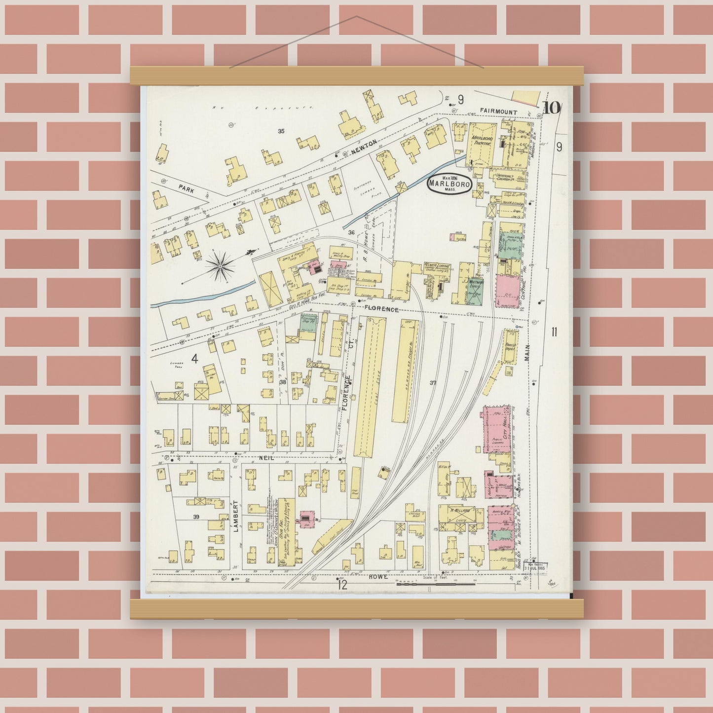 Old map wall art mockup — magnetic wood frame on brick wall — Sanborn Fire Insurance Map from Marlborough, Middlesex County, Massachusetts (1896), Sheet #0010