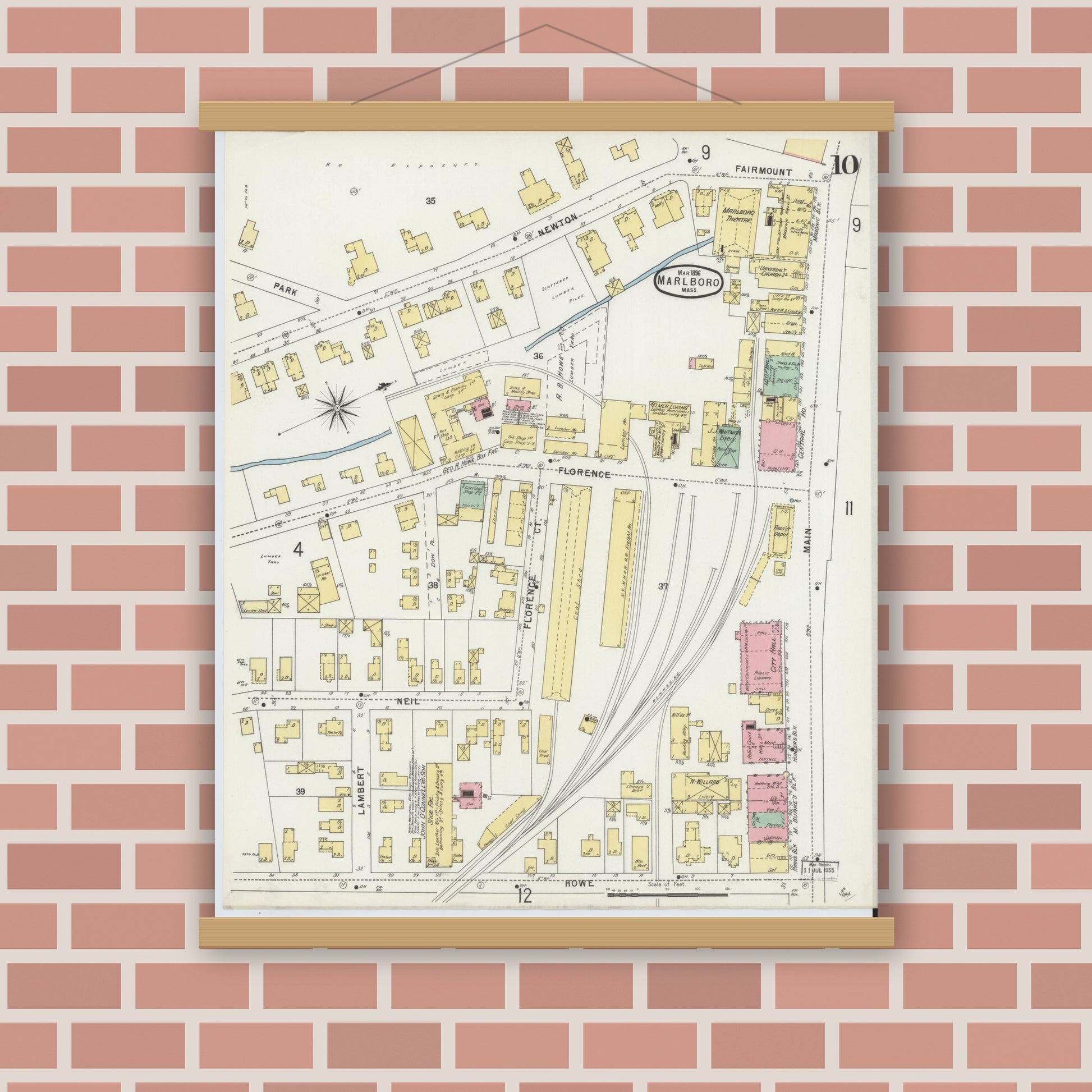 Old map wall art mockup — magnetic wood frame on brick wall — Sanborn Fire Insurance Map from Marlborough, Middlesex County, Massachusetts (1896), Sheet #0010