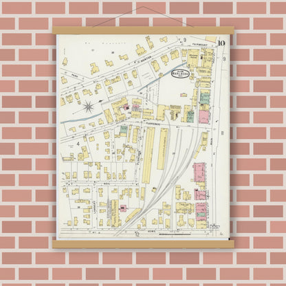 Old map wall art mockup — magnetic wood frame on brick wall — Sanborn Fire Insurance Map from Marlborough, Middlesex County, Massachusetts (1896), Sheet #0010