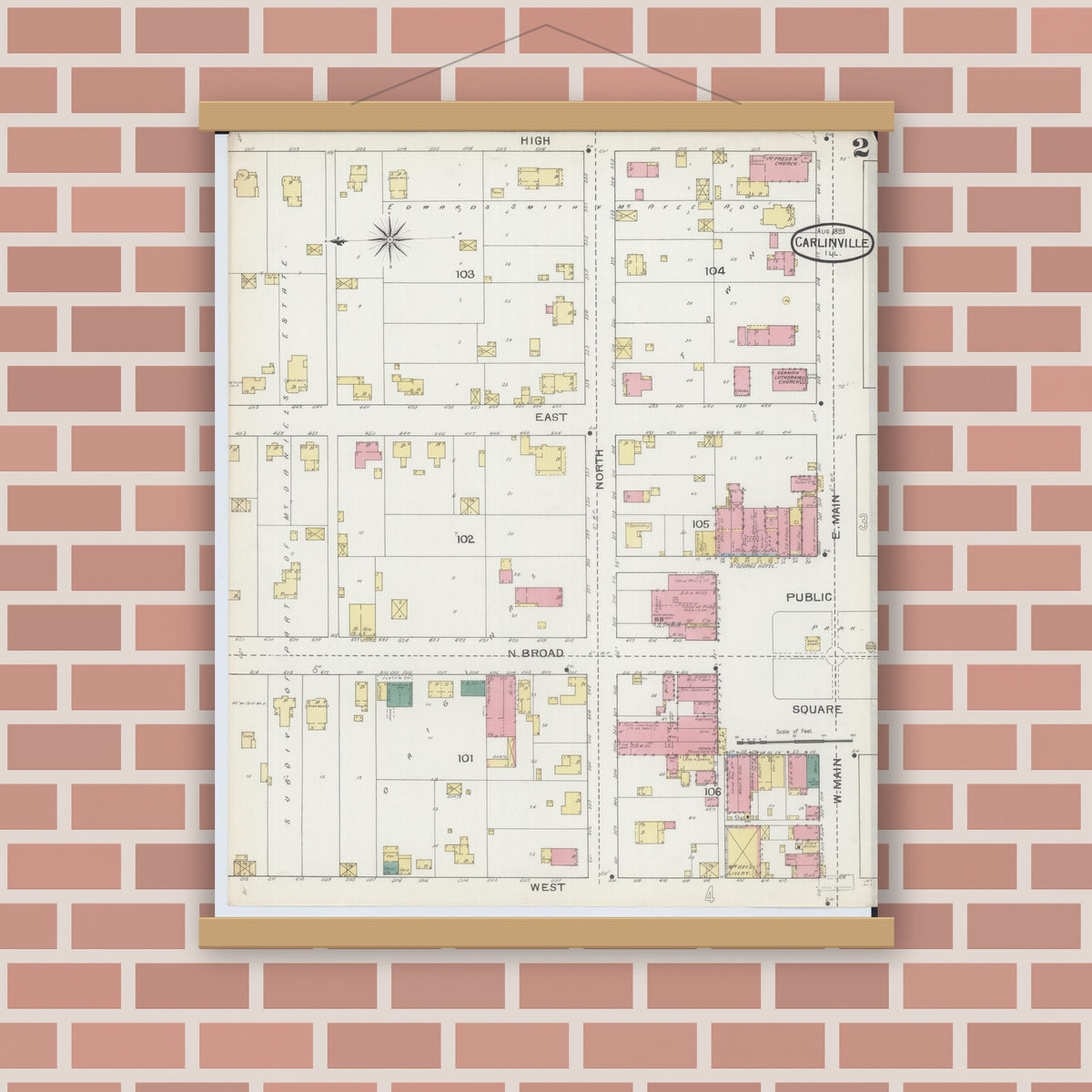 Old map wall art mockup — magnetic wood frame on brick wall — Sanborn Fire Insurance Map from Carlinville, Macoupin County, Illinois (1893), Sheet #0002