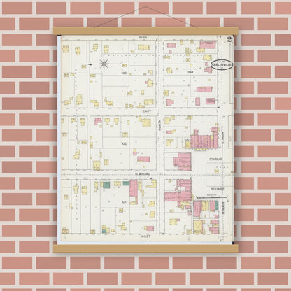 Old map wall art mockup — magnetic wood frame on brick wall — Sanborn Fire Insurance Map from Carlinville, Macoupin County, Illinois (1893), Sheet #0002