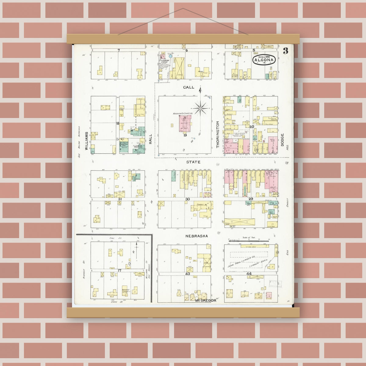 Old map wall art mockup — magnetic wood frame on brick wall — Sanborn Fire Insurance Map from Algona, Kossuth County, Iowa (1892), Sheet #0003
