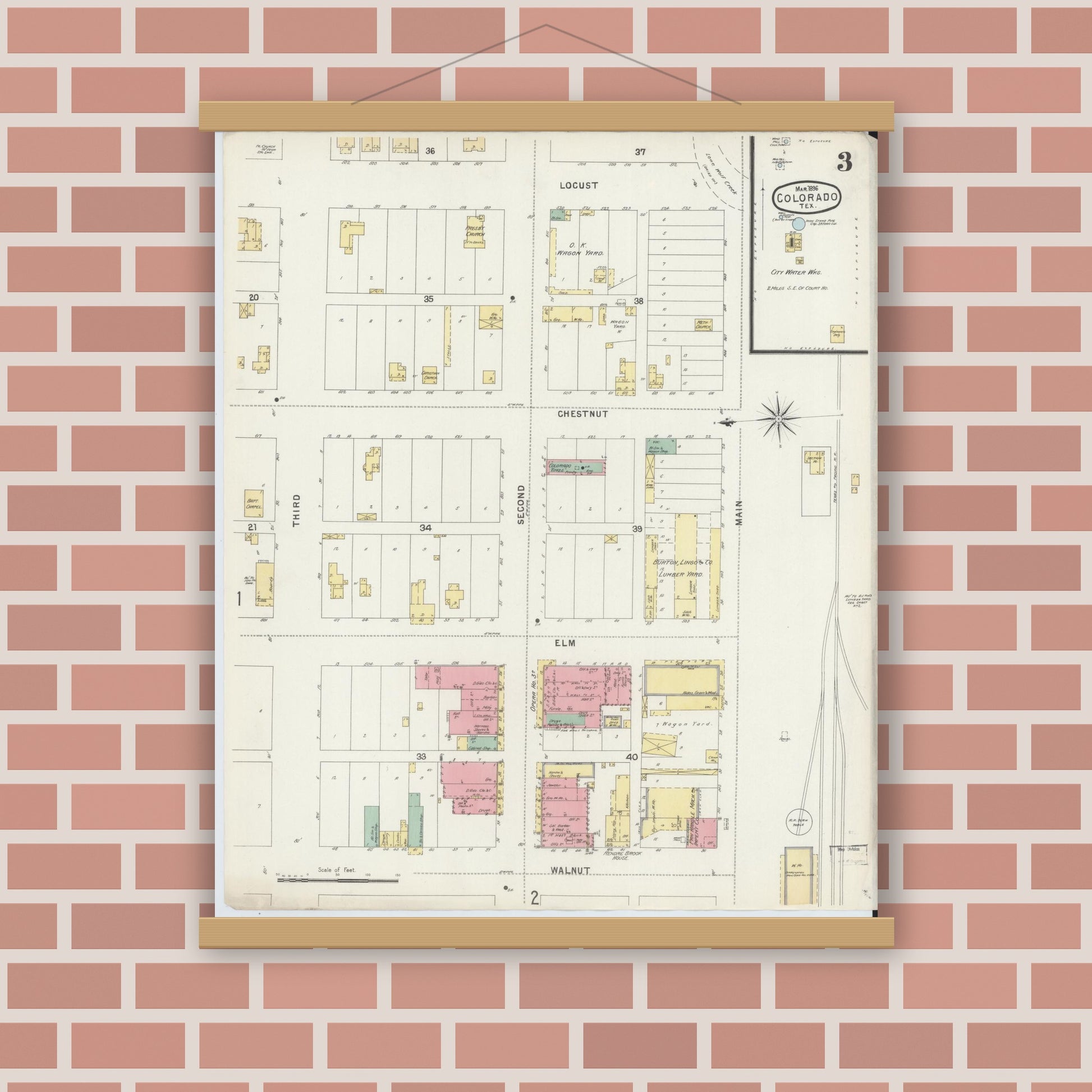 Old map wall art mockup — magnetic wood frame on brick wall — Sanborn Fire Insurance Map from Colorado, Mitchell County, Texas (1896), Sheet #0003