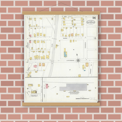 Old map wall art mockup — magnetic wood frame on brick wall — Sanborn Fire Insurance Map from Greensburg, Westmoreland County, Pennsylvania (1903), Sheet #0014