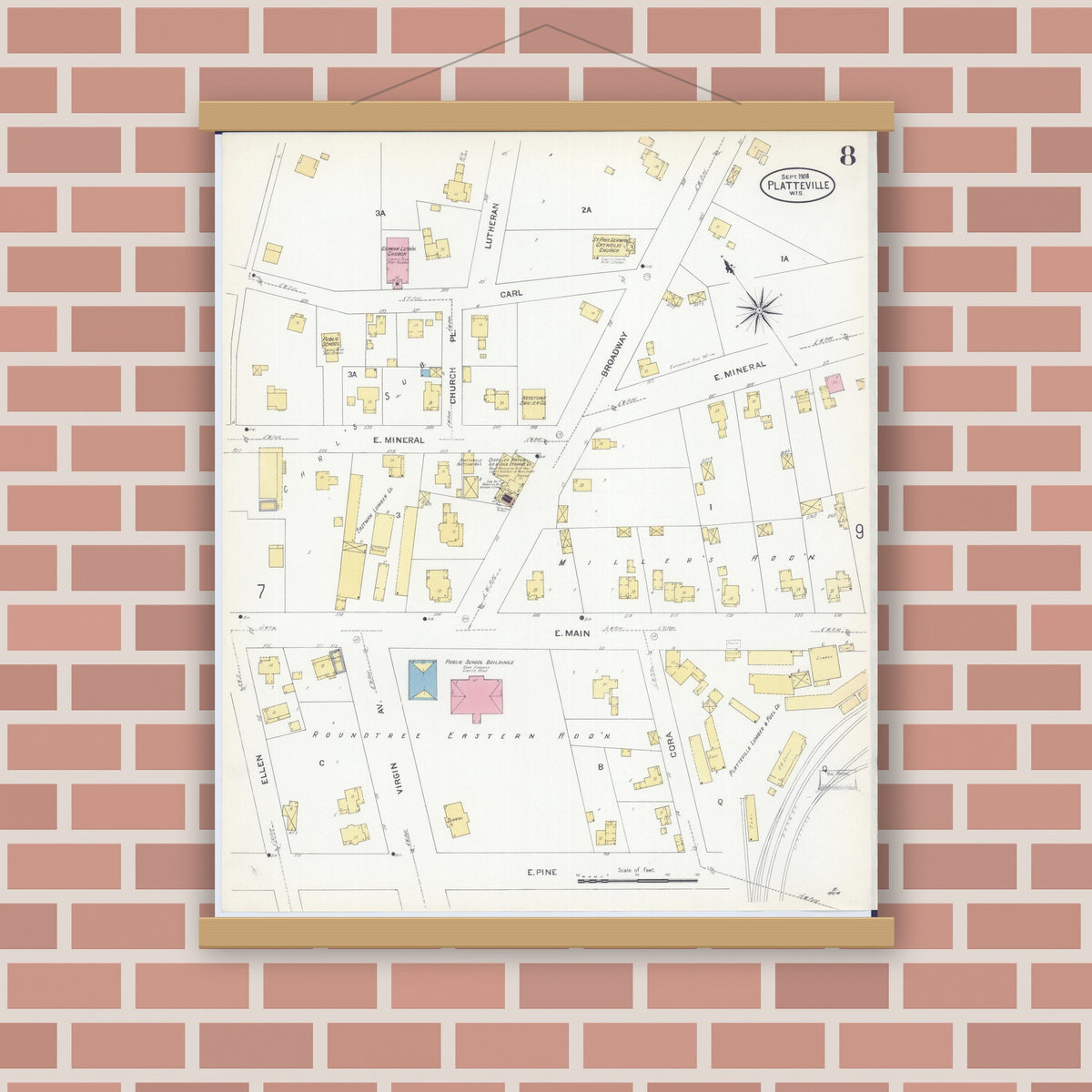 Old map wall art mockup — magnetic wood frame on brick wall — Sanborn Fire Insurance Map from Platteville, Grant County, Wisconsin (1908), Sheet #0008