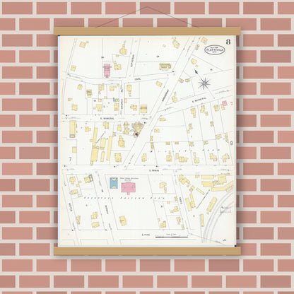 Old map wall art mockup — magnetic wood frame on brick wall — Sanborn Fire Insurance Map from Platteville, Grant County, Wisconsin (1908), Sheet #0008