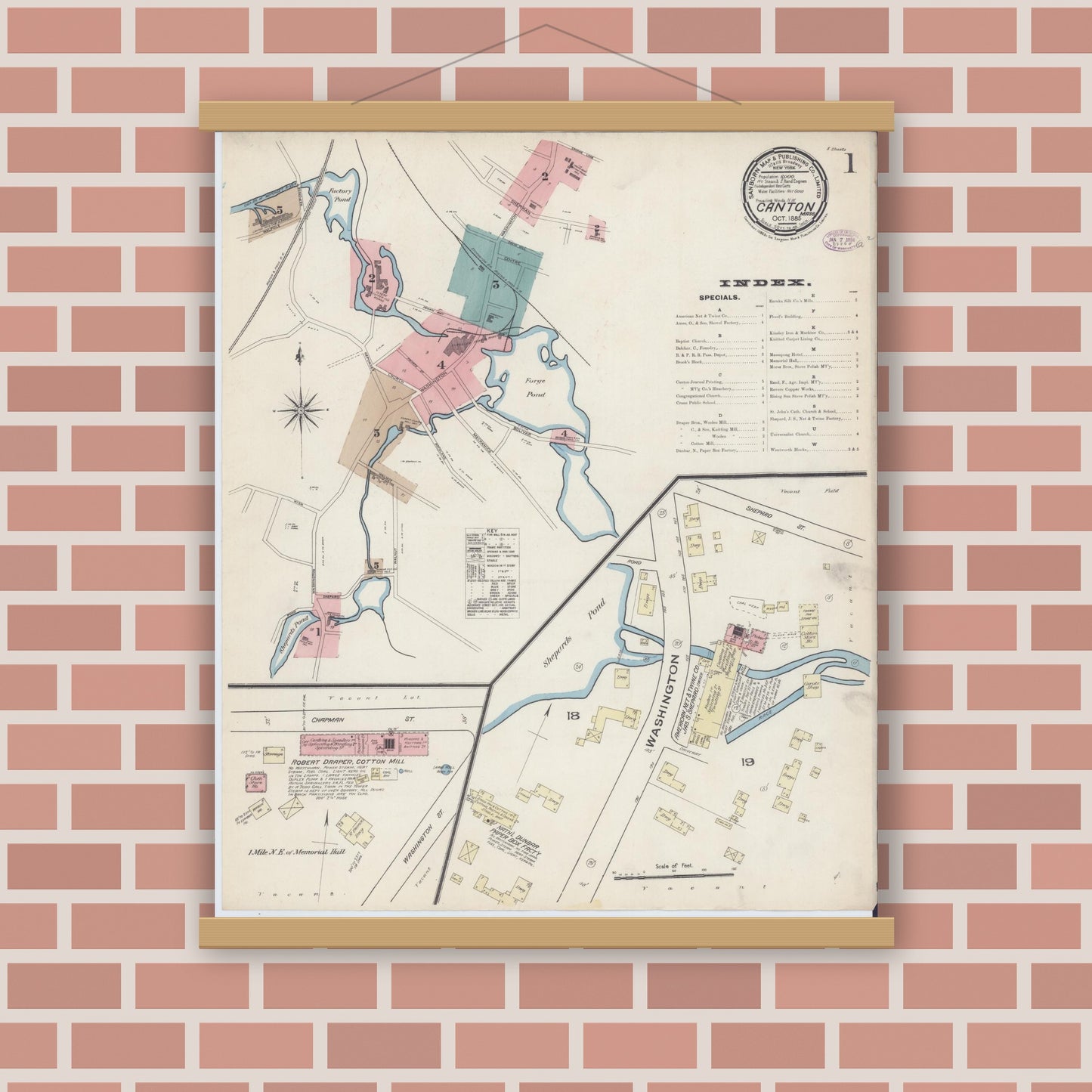 Old map wall art mockup — magnetic wood frame on brick wall — Sanborn Fire Insurance Map from Canton, Norfolk County, Massachusetts (1885) - Complete Map Set