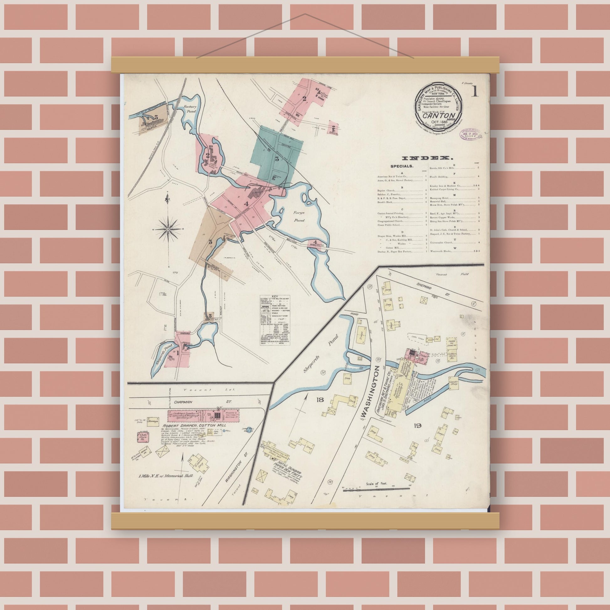 Old map wall art mockup — magnetic wood frame on brick wall — Sanborn Fire Insurance Map from Canton, Norfolk County, Massachusetts (1885) - Complete Map Set