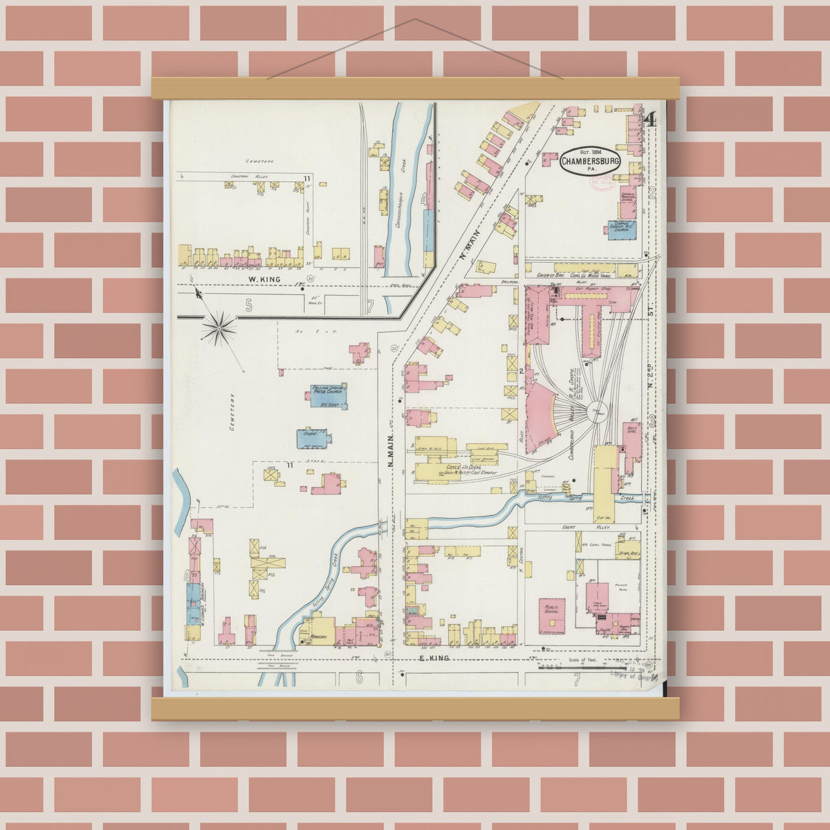 Old map wall art mockup — magnetic wood frame on brick wall — Sanborn Fire Insurance Map from Chambersburg, Franklin County, Pennsylvania (1894), Sheet #0004