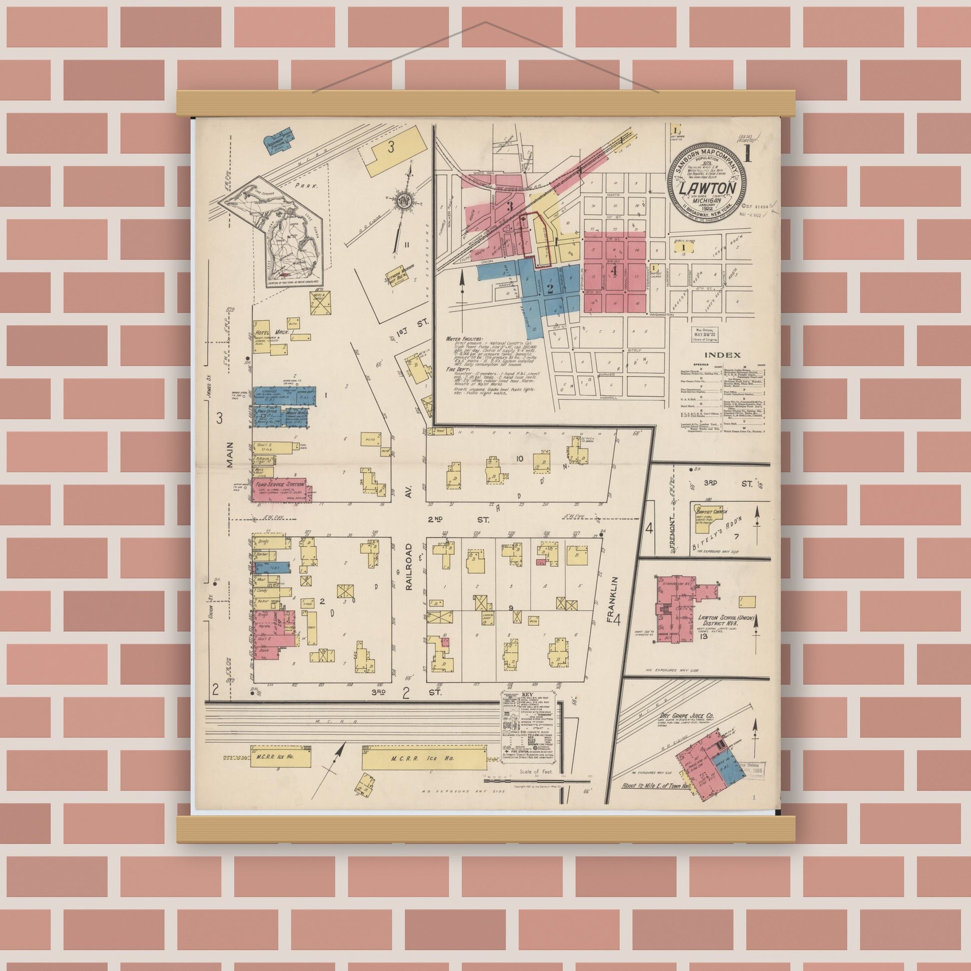 Old map wall art mockup — magnetic wood frame on brick wall — Sanborn Fire Insurance Map from Lawton, Van Buren County, Michigan (1922) - Complete Map Set