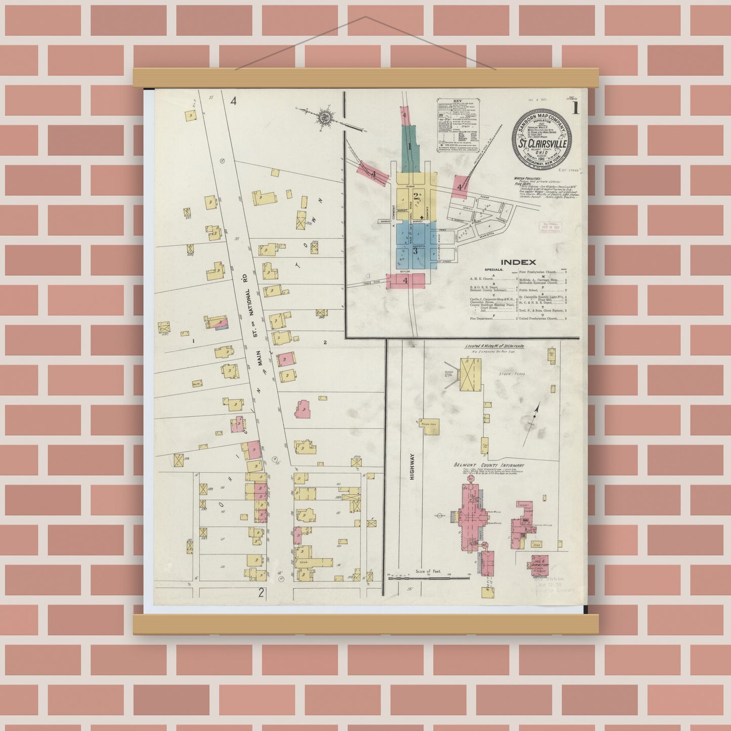 Old map wall art mockup — magnetic wood frame on brick wall — Sanborn Fire Insurance Map from Saint Clairsville, Belmont County, Ohio (1911) - Complete Map Set