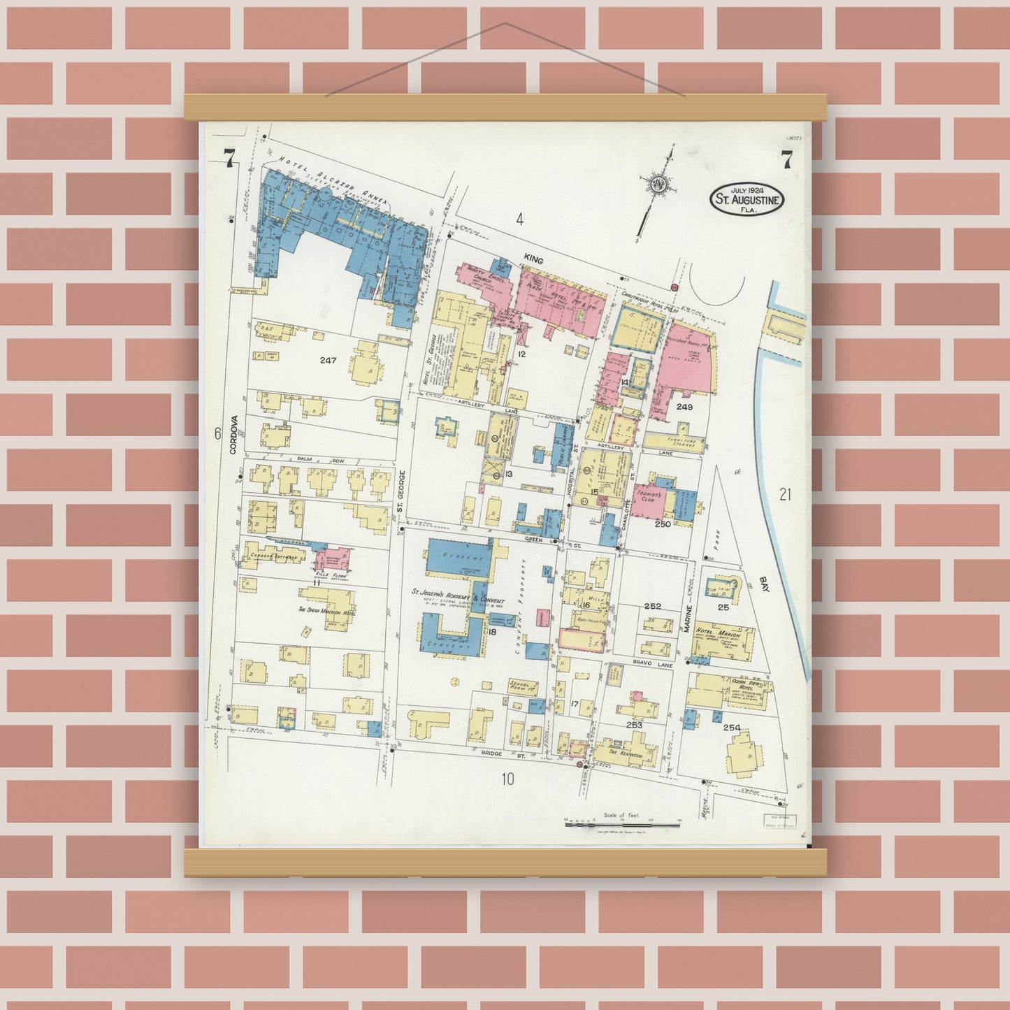 Old map wall art mockup — magnetic wood frame on brick wall — Sanborn Fire Insurance Map from Saint Augustine, Saint John's County, Florida (1924), Sheet #0007