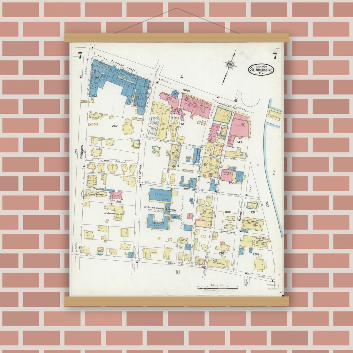 Old map wall art mockup — magnetic wood frame on brick wall — Sanborn Fire Insurance Map from Saint Augustine, Saint John's County, Florida (1924), Sheet #0007
